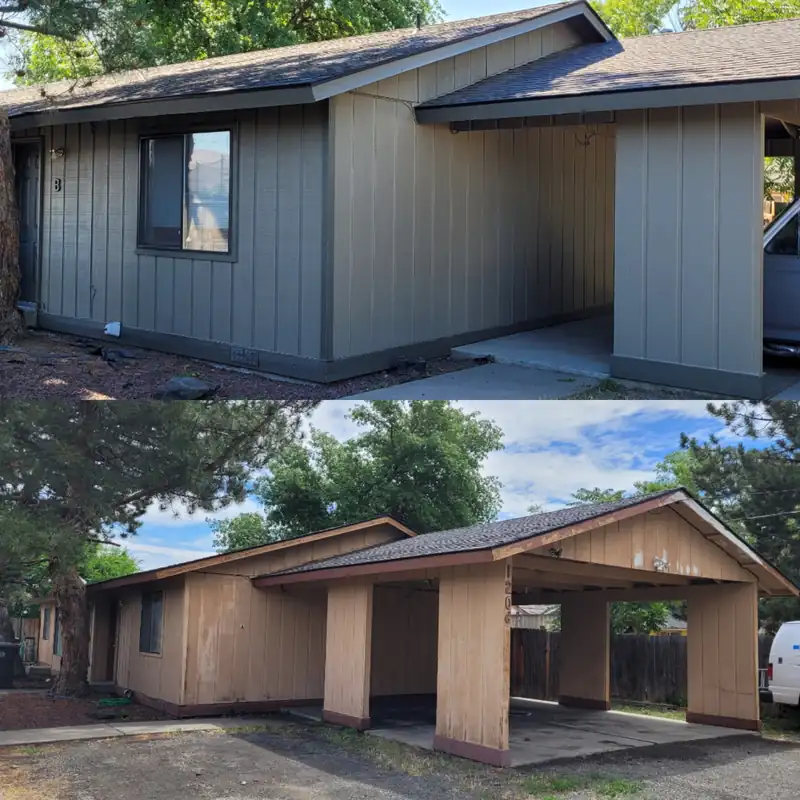 Before and after collage of a carport, bare wood on one side and grey paint on the other
