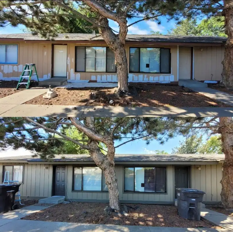 Before and after collage of an apartment row