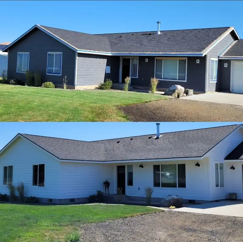 Before and after collage of a ranch house repainted from blue to white